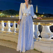 Load image into Gallery viewer, ELEGANT SEQUIN WIDE LEG PANTS OFFICE LADY SPRING COMMUTE SUITS SEXY PARTY V-NECK BLOUSE TOP+TROUSERS WOMEN OUTFITS TWO PIECE SET