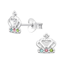 Load image into Gallery viewer, Childrens Sterling Silver CZ Princess Crown Stud Earrings
