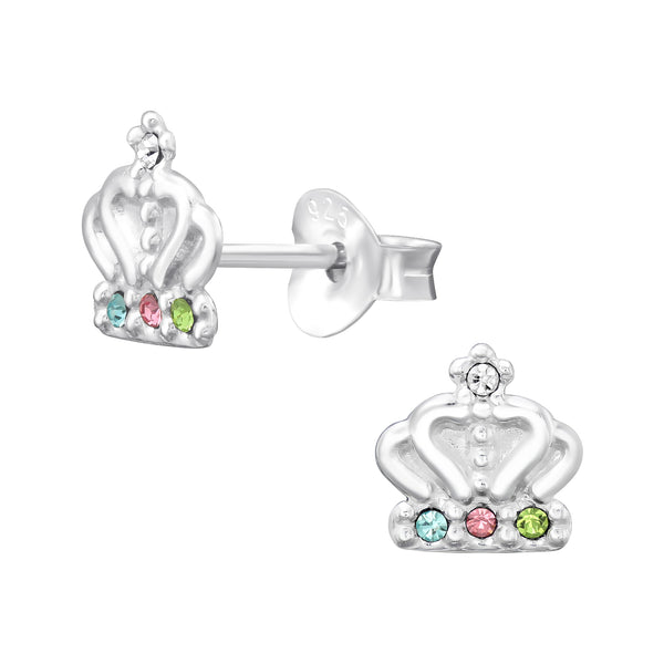 Childrens Sterling Silver CZ Princess Crown Stud Earrings