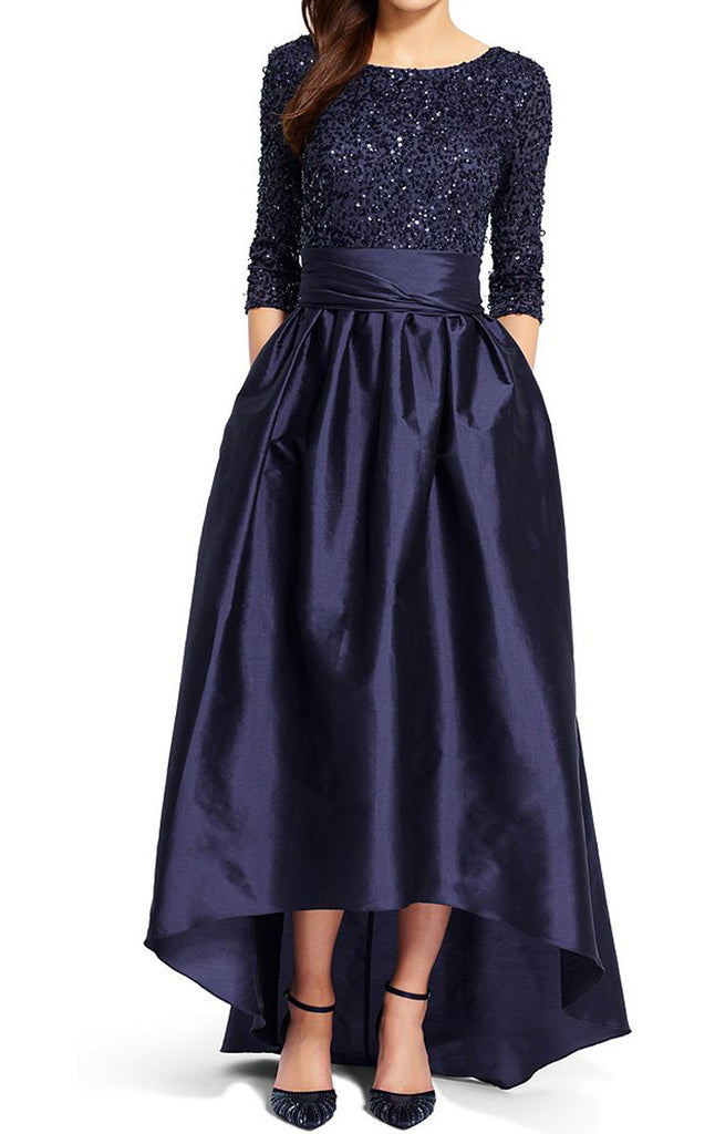 Half Sleeve Hi Lo Mother of the Brides Dress Dark Navy Sequin Formal Evening Gown